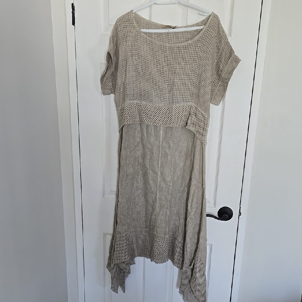 7 Agosto Taupe Linen Cotton Mesh Accent Lagenlook Prairie Midi Dress Sz M
